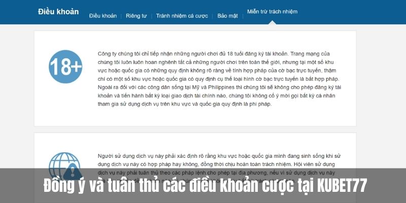 Đồng ý và tuân thủ các điều khoản cược tại KUBET77